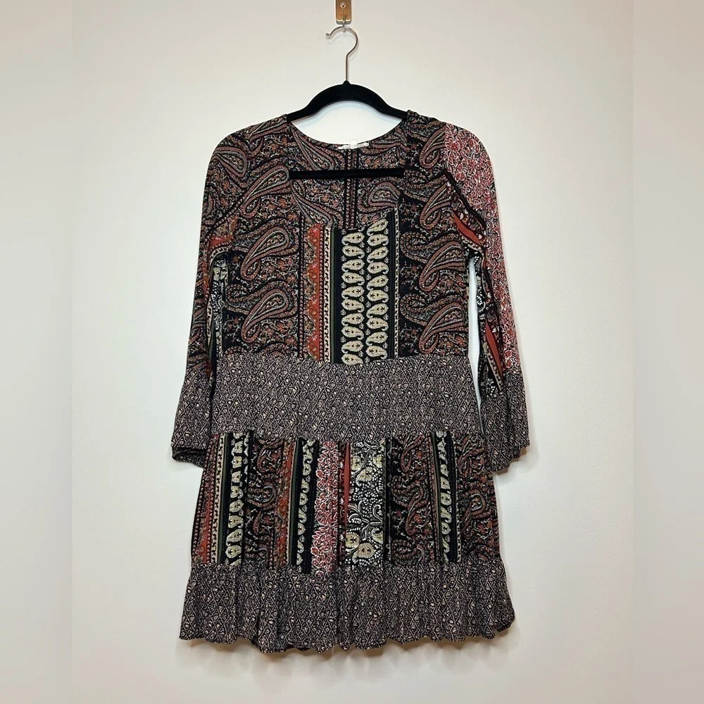 Easel Boho Dress Multi Paisley Print Bell Sleeves Size Small